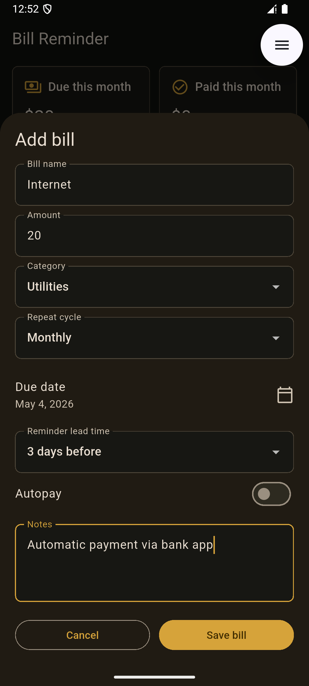 Bill Reminder placeholder screenshot: Add Bills Easily