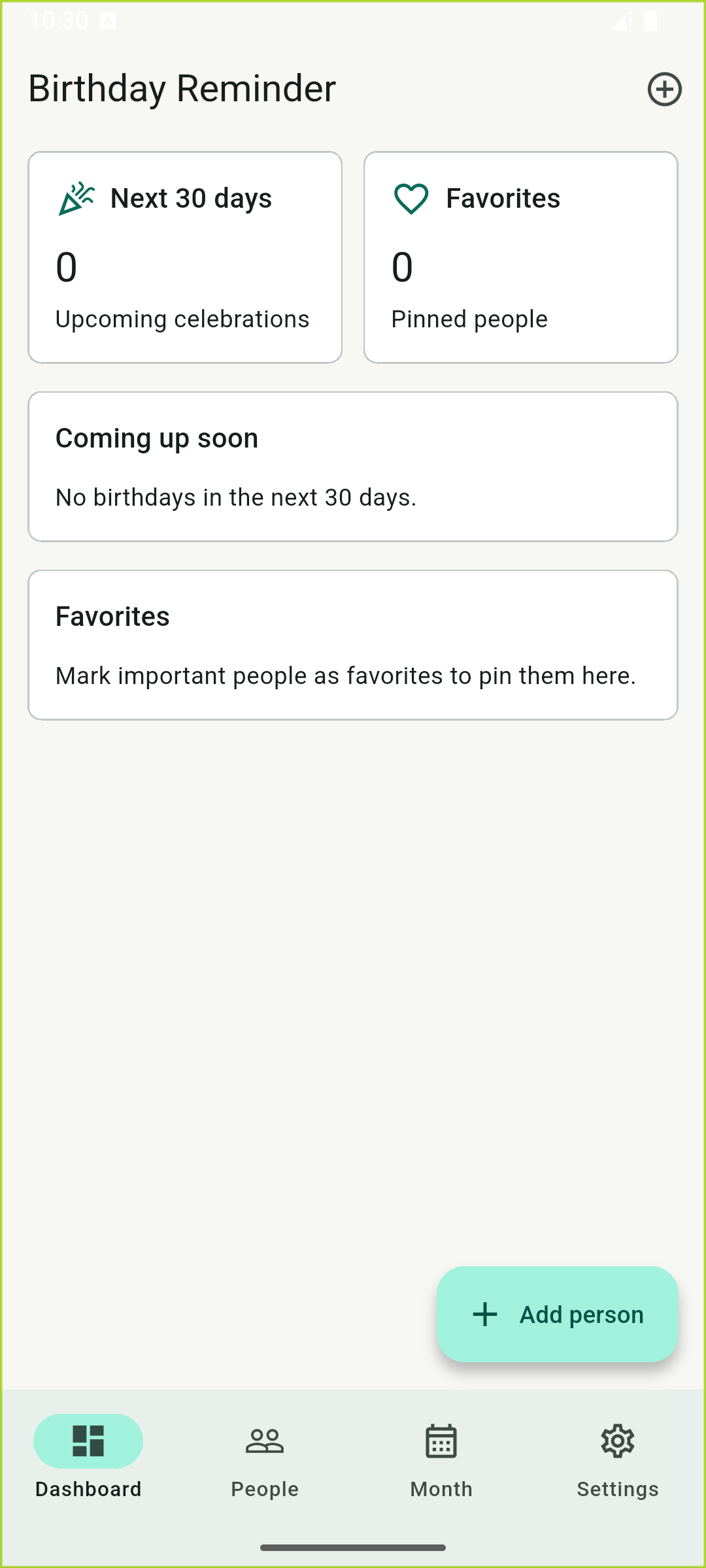 Birthday Reminder placeholder screenshot: Upcoming Celebrations