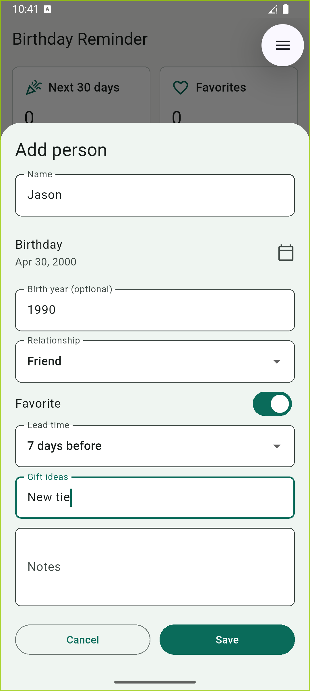 Birthday Reminder placeholder screenshot: Add Person