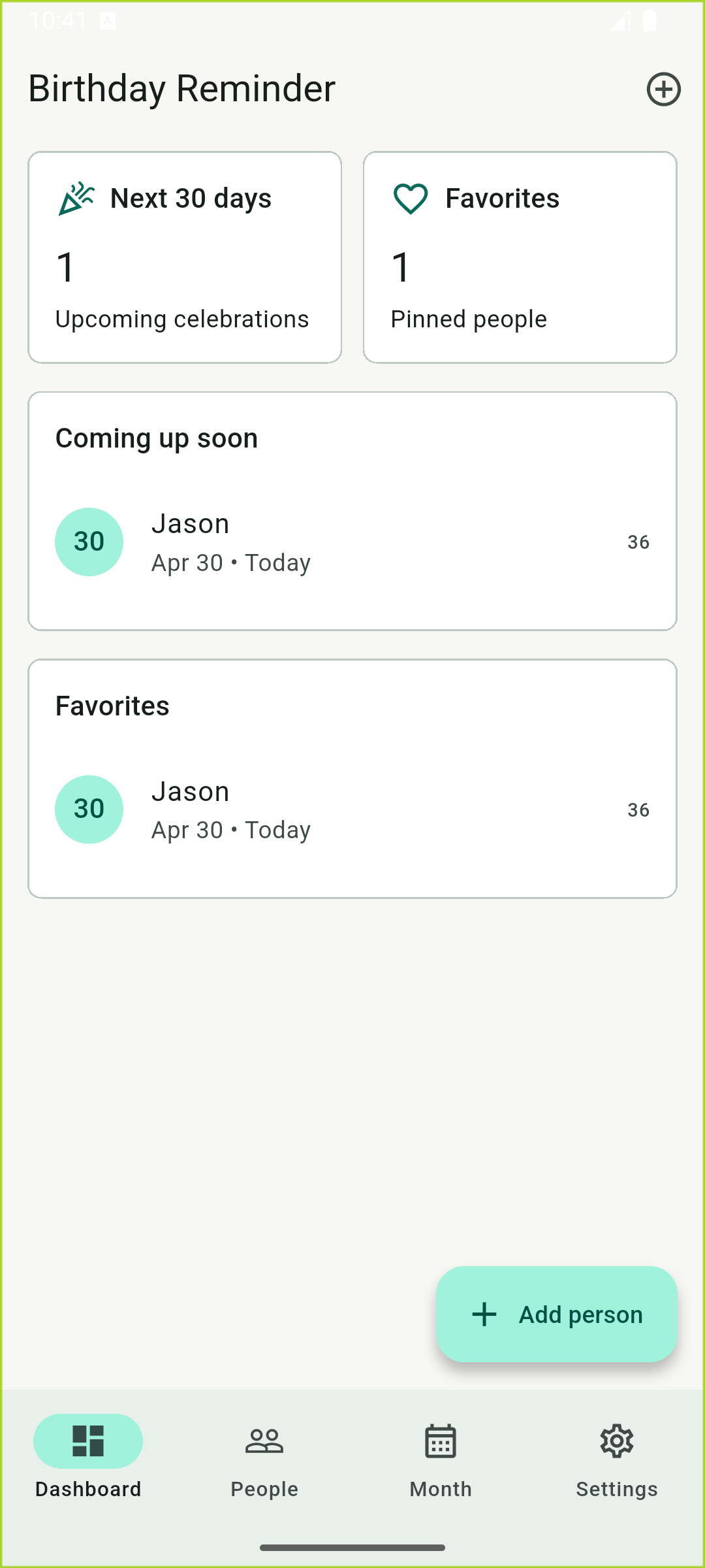Birthday Reminder placeholder screenshot: Month View