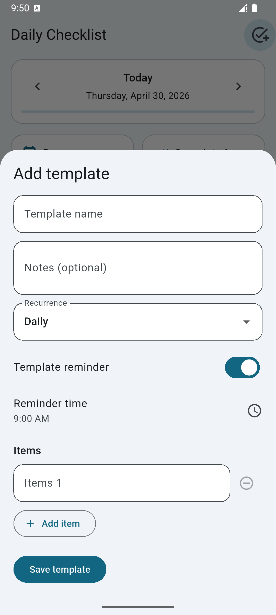 Daily Checklist placeholder screenshot: Create Templates