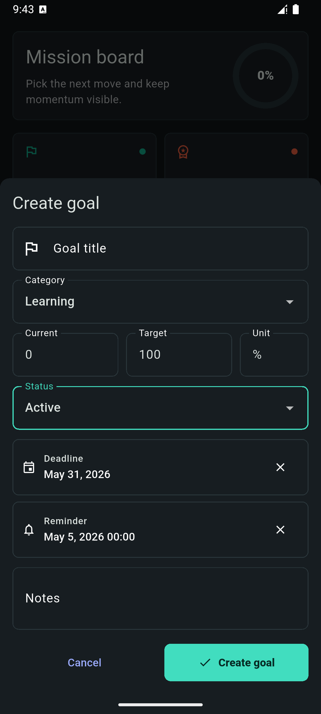 Goal Tracker placeholder screenshot: Create a Goal