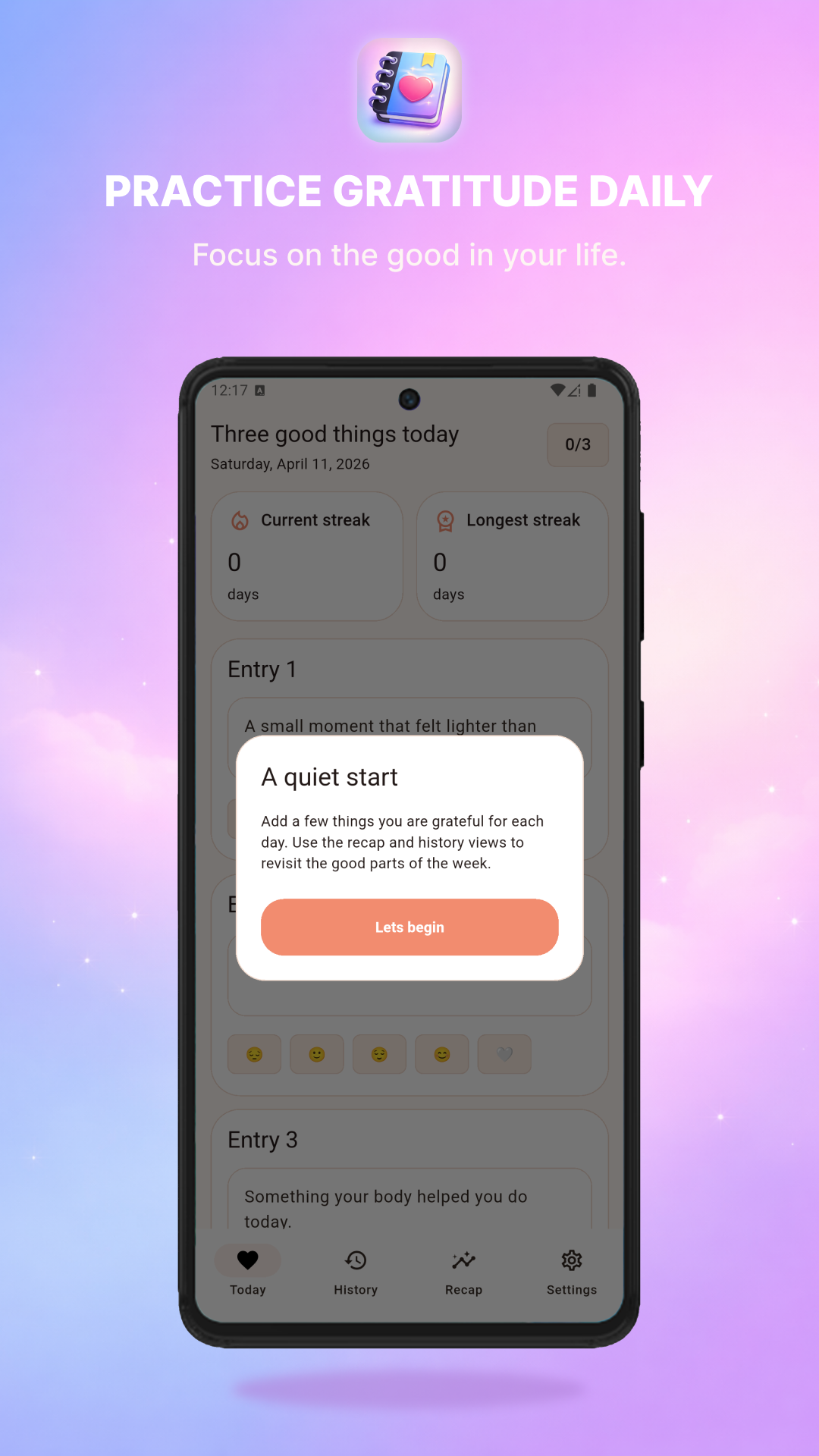 Gratitude Journal placeholder screenshot: Einfache gute Momente festhalten