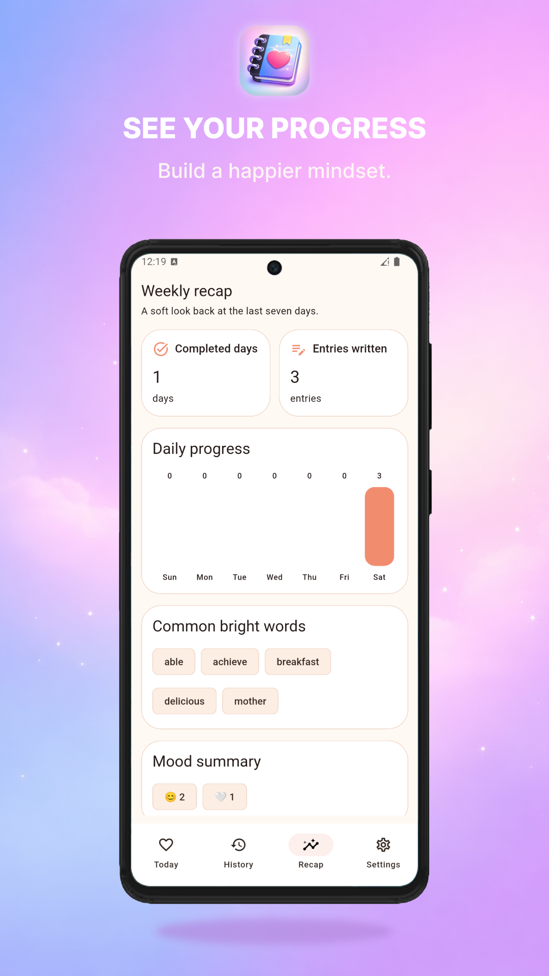 Gratitude Journal placeholder screenshot: Sanfte Erinnerungen einstellen