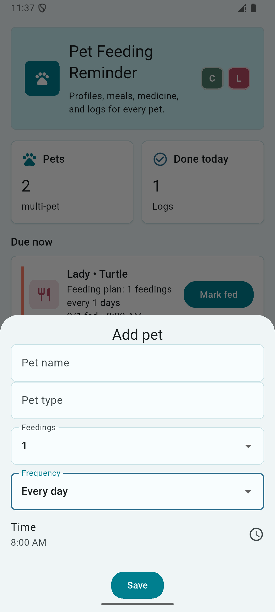 Pet Feeding Reminder placeholder screenshot: Set Medicine Reminders