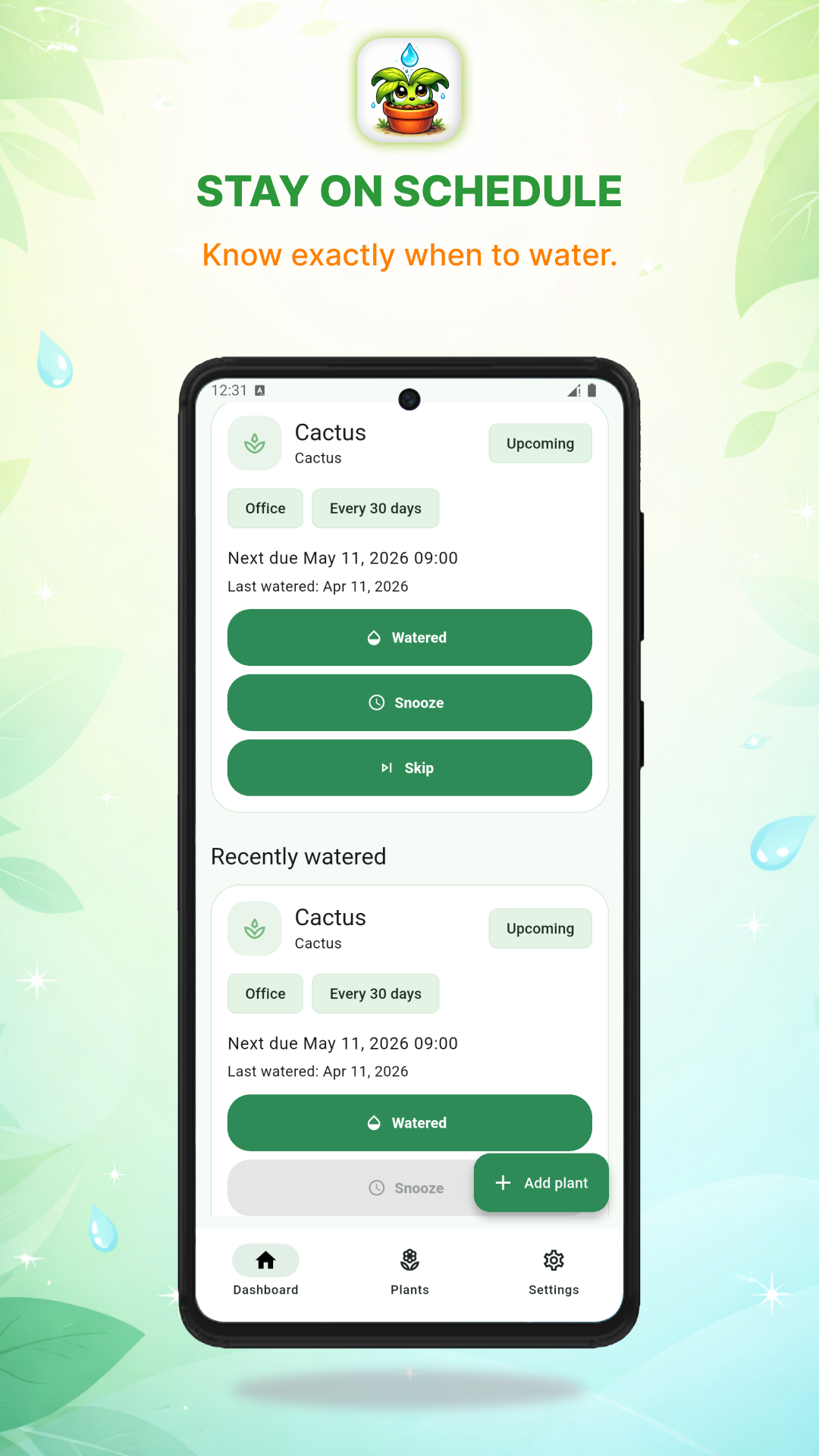 Plant Watering Reminder placeholder screenshot: Gießen, snoozen oder überspringen