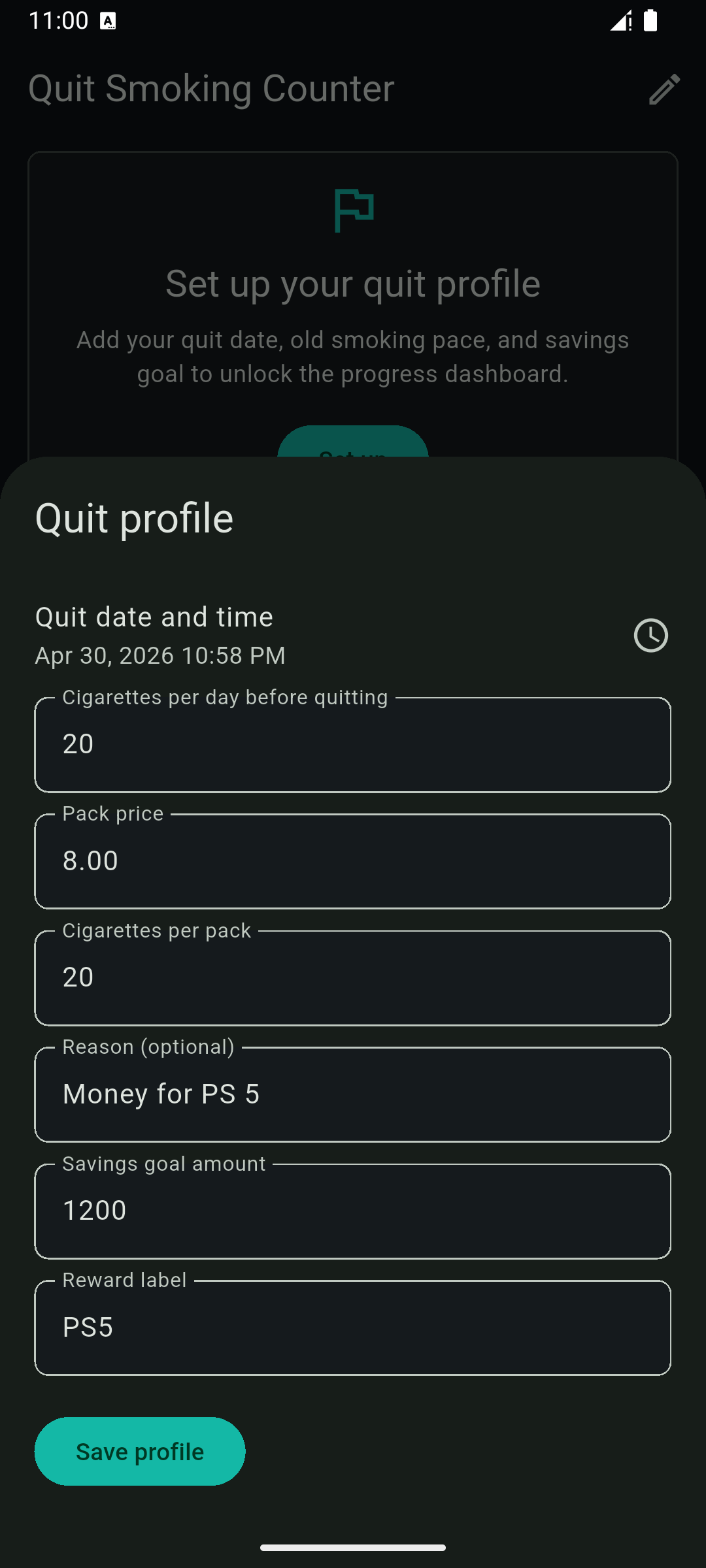 Quit Smoking Counter placeholder screenshot: Progress Dashboard