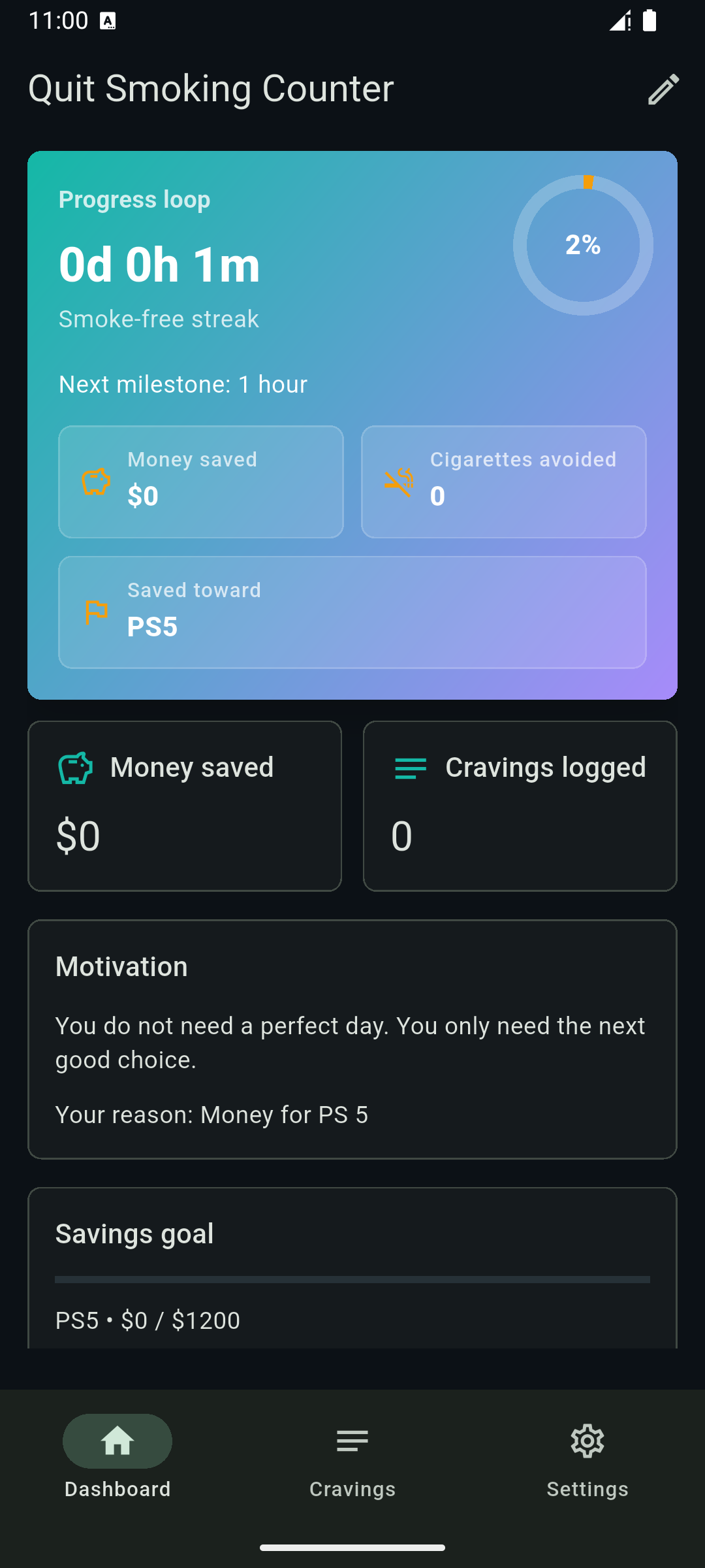 Quit Smoking Counter placeholder screenshot: Log a Craving