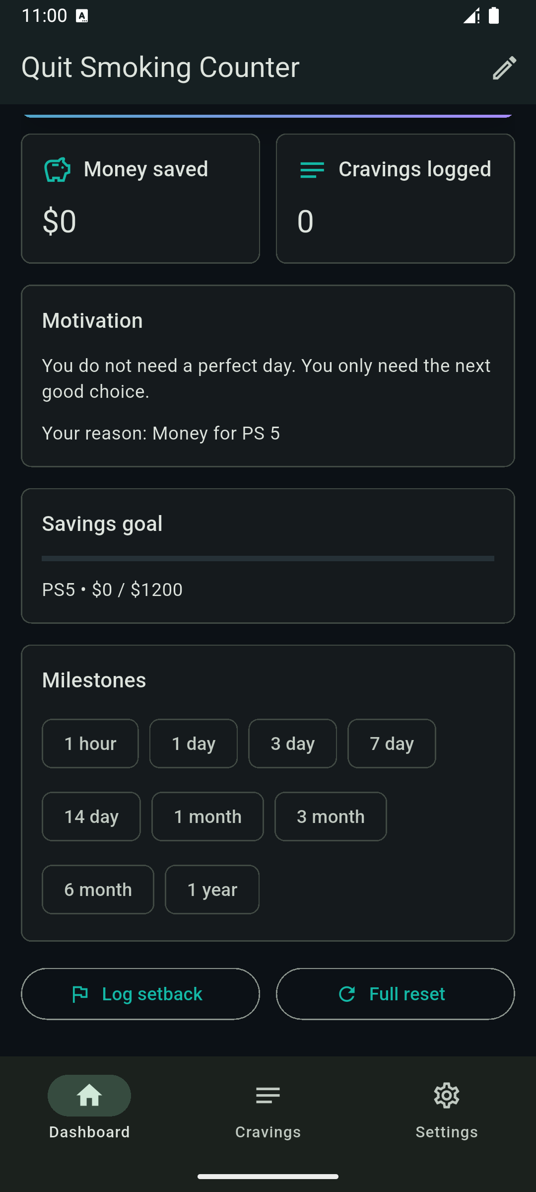 Quit Smoking Counter placeholder screenshot: Settings and Reminders