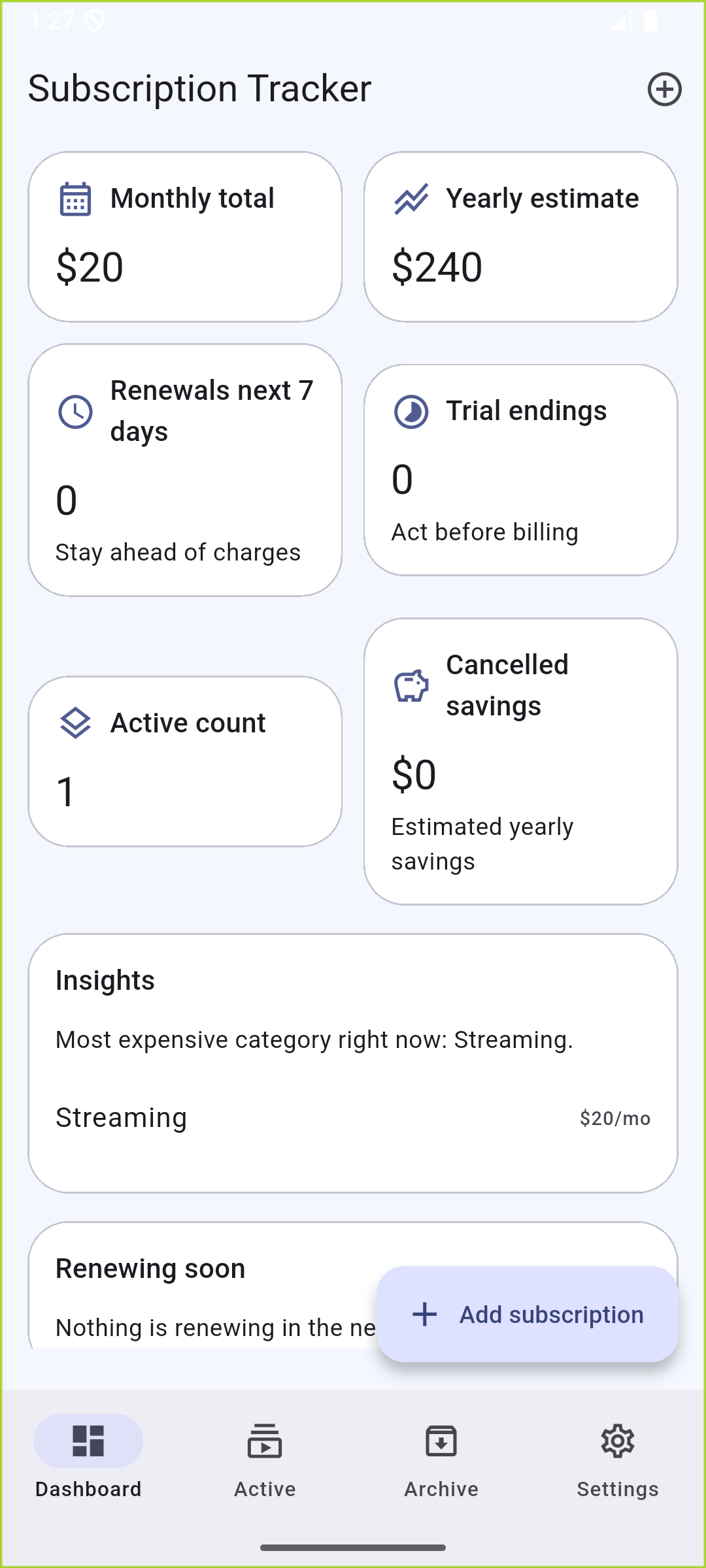 Subscription Tracker placeholder screenshot: Add Services Easily